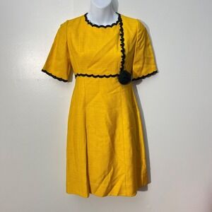 Vintage‎ Mademoiselle Arlette Yellow Dress With Black Trim & Rose Accent 1960's